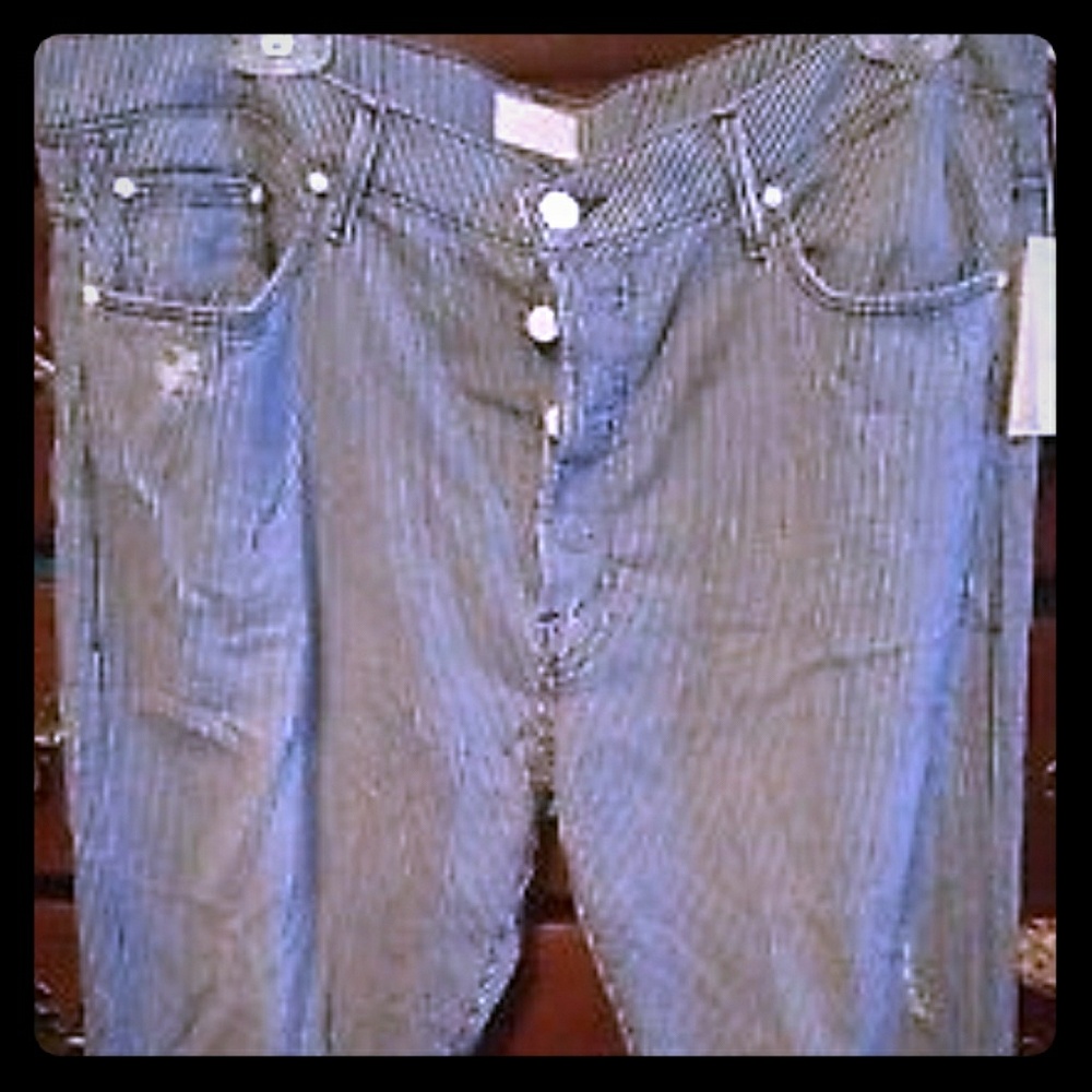 NWT. MOTHER cropped distressed striped jeans. 32.